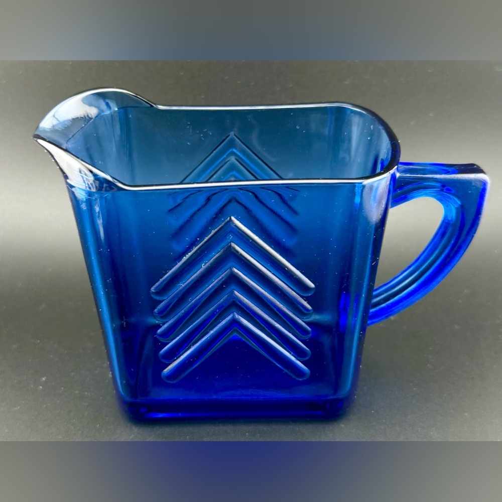 Vintage Hazel Atlas Cobalt Blue Glass Chevron 4” Tall Milk or Cream Pitcher.